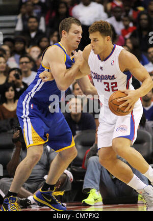 Dec. 22, 2012 - Los Angeles, California, U.S - Warriors forward/center David Lee defends against Clippers  forward Blake Griffin as the Los Angeles Clippers defeat  the visiting Golden State Warriors 88-71 at the Staples  Center in Los Angeles California on  Monday, October 22,  2012. (Credit Image: © Burt Harris/Prensa Internacional/ZUMAPRESS.com) Stock Photo