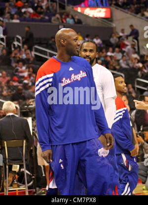 Oct. 22, 2012 - Los Angeles, California, U.S - Former Lakers Lamar Odom and Ronny Turiaf during  warm-up drills prior to the start of the contest as the Los  Angeles Clippers defeat the visiting Golden State Warriors  88-71 at the Staples Center in Los Angeles California on   Monday, October 22, 2012. (Credit Image: © Burt Harris/Prensa Internacional/ZUMAPRESS.com) Stock Photo