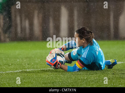 Tuesday October 23, 2012: (GER) goalkeeper Nadine Angerer (1) dives to stop a shot during the 1st half of the international friendly soccer match between Germany and USA at Rentschler Field in East Hartford, CT. Germany and USA played to a 2-2 tie. Stock Photo