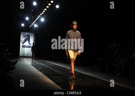 JOHANNESBURG, SOUTH AFRICA – OCTOBER 25: A male model showcases a design by Craig Native during the Mercedes-Benz Fashion Week Africa 2012 held at Melrose Arch on October 25, 2012 in Johannesburg, South Africa. The fashion week are held from 24-28 October 2012. (Photo by Gallo Images / The Times /  Moeletsi Mabe) Stock Photo