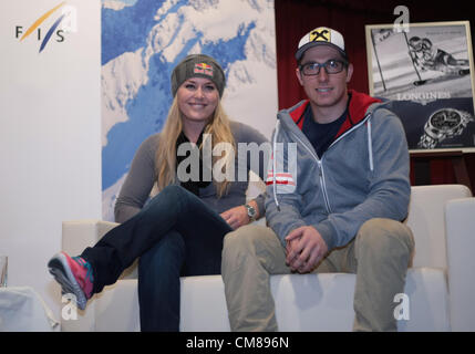 26.10.2012. Soelden, Austria.  Lindsey Vonn (USA) and  Marcel HIRSCHER (AUT ) during the Forum Alpinum, media talk at  FIS Alpine Ski World Cup Solden, Austria 2012-2013 Stock Photo