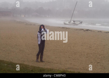 Oct. 29, 2012 - South Boston, Massachusetts, U.S - A boat washes ashore on Carson Beach in South Boston, Massachusetts on Monday, October 29, 2012 during Hurricane Sandy. (Credit Image: © Nicolaus Czarnecki/ZUMAPRESS.com) Stock Photo