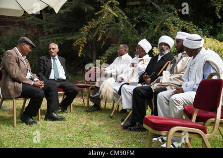 Jerusalem, Israel. 31st October 2012. Kessim, Jewish Ethiopian religious leaders, lounge in the garden of the President’s Residence prior to a ceremony opening the Sigd festivities. Jerusalem, Israel. 31-Oct-2012.  President Peres opens the Sigd festivities, hosting children and dignitaries from the Jewish Ethiopian community, Beta-Israel, at his residence. The Sigd symbolizes Beta-Israel’s yearning for Jerusalem while living in seclusion for over 1,000 years. Credit:  Nir Alon / Alamy Live News Stock Photo