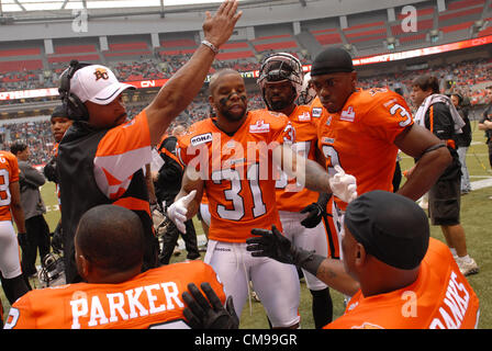 June 13, 2012-Vancouver, BC, Canada-B.C. Lions players take to the field to face Saskatchewan Roughriders during a pre-season CFL football game in Vancouver, B.C., on Wednesday June 13, 2012. Lions defeated Roughriders 44-10. Stock Photo