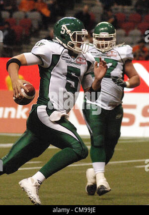 June 13, 2012-Vancouver, BC, Canada-Saskatchewan Roughridersí DREW WILLY #5 vies with BC Lions players during a pre-season CFL football game in Vancouver, B.C., on Wednesday June 13, 2012. Lions defeated Roughriders 44-10. Stock Photo