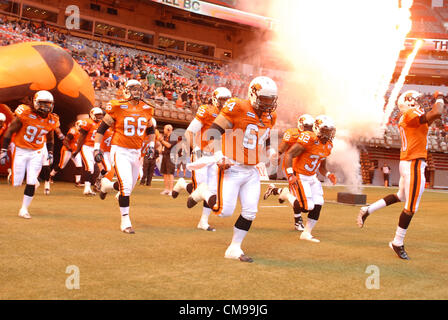 June 13, 2012-Vancouver, BC, Canada-B.C. Lions players take to the field to face Saskatchewan Roughriders during a pre-season CFL football game in Vancouver, B.C., on Wednesday June 13, 2012. Lions defeated Roughriders 44-10. Stock Photo