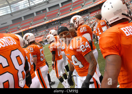 June 13, 2012-Vancouver, BC, Canada-B.C. Lions players take to the field to face Saskatchewan Roughriders during a pre-season CFL football game in Vancouver, B.C., on Wednesday June 13, 2012. Lions defeated Roughriders 44-10. Stock Photo