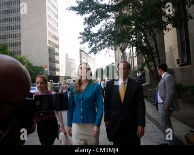 The alleged accomplice of A. Gristina, Jaynie Mae Baker at the courthouse with her lawyer Robert Gottlieb and her sister Jessica. Accused Manhattan madam Gristina, a mother of four who prosecutors say ran a profitable brothel, was released on bail after four months in jail. Stock Photo
