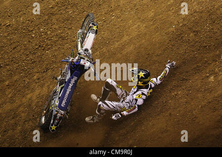 June 29, 2012 - Los Angeles, California, U.S. - CLINTON MOORE wipes out on his landing during the X Games Moto X Best Trick Final at the Staples Center. (Credit Image: © Joe Scarnici/ZUMAPRESS.com) Stock Photo