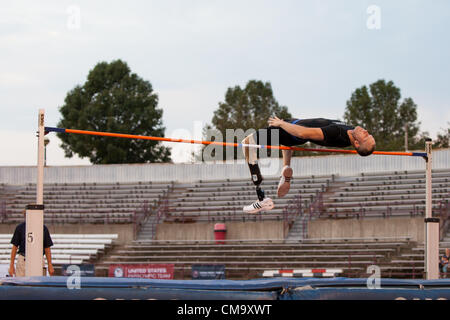 Indianapolis, IN, USA, 30 June 2012.  Jeff Skiba, a single-leg amputee competes in the high jump at the U.S. Paralympic Trials for track and field.  Skiba is the Paralympic world record holder in high jump. Stock Photo