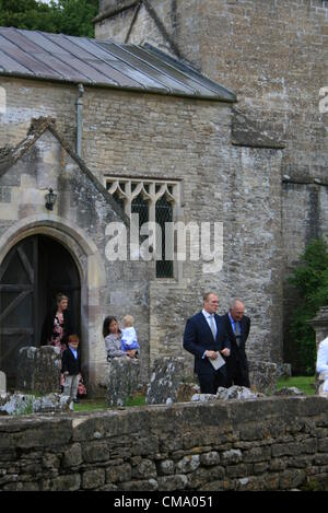 Cherington Gloucestershire,UK. 30 June, 2012. Mike Tindall and other guests leave St. Nicholas' Church in Cherington after the christening of Isla Phillips. Stock Photo