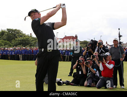 01.07.2012. County Antrim, Northern Ireland.  Irish Open Winner Jamie Donaldson of Wales hits his approach shot to the 18th green during the fourth and final round of the Irish Open golf tournament on the European Tour hosted at Royal Portrush Golf Club, Portrush, County Antrim, Northern Ireland