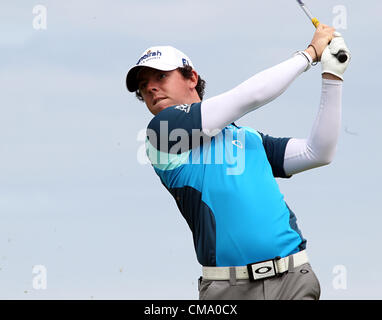 01.07.2012. County Antrim, Northern Ireland.  Northern Ireland's Rory McIlroy hits his tee shot to the 6th hole during the fourth and final round of the Irish Open golf tournament on the European Tour hosted at Royal Portrush Golf Club, Portrush, County Antrim, Northern Ireland Stock Photo