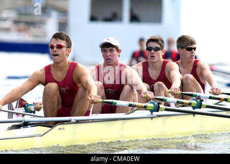 01.07.2012. Henley-on-Thames, Oxfordshire, England. The Henley Royal Regatta 2012. Sir William Borlase's Grammar School being led by Marlow Rowing Club 'A' during the last day of the Henley Royal Regatta Stock Photo