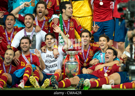 Spain team group (ESP), JULY 1, 2012 - Football / Soccer : Cesc Fabregas, Alvaro Arbeloa of Spain celebrate with the trophy after winning the UEFA EURO 2012 Final match between Spain 4-0 Italy at Olympic Stadium in Kiev, Ukraine. (Photo by Maurizio Borsari/AFLO) Stock Photo