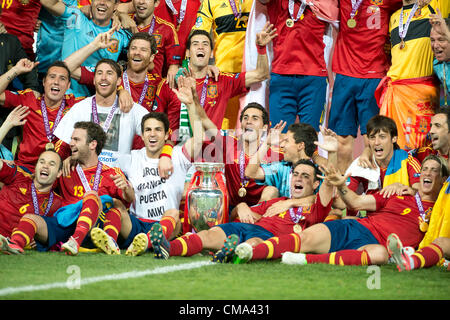 Spain team group (ESP), JULY 1, 2012 - Football / Soccer : Cesc Fabregas, Alvaro Arbeloa of Spain celebrate with the trophy after winning the UEFA EURO 2012 Final match between Spain 4-0 Italy at Olympic Stadium in Kiev, Ukraine. (Photo by Maurizio Borsari/AFLO) Stock Photo