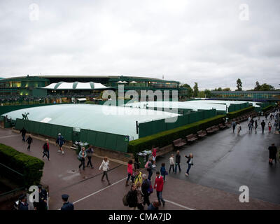 02.07.2012. The All England Lawn Tennis and Croquet Club. London, England. The courts are covered, and all matches on outside courts are cancelled due to rain at the Wimbledon Championships, played at All England Lawn Tennis and Croquet Club, London, England Stock Photo
