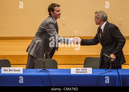 July 2, 2012 - Paradise Valley, Arizona, U.S - Congressmen BEN QUAYLE, son of former Vice President Dan Quayle, left, and DAVID SCHWEIKERT shake hands after speaking at a Republican candidate forum in Paradise Valley Monday. Schweikert and Quayle, both conservative freshmen Republican Congressmen from neighboring districts are facing each other in an August primary to see which one will represent Arizona's 6th Congressional District in 2013. The two were thrown into the same district as a result of legislative redistricting. (Credit Image: © Jack Kurtz/ZUMAPRESS.com) Stock Photo