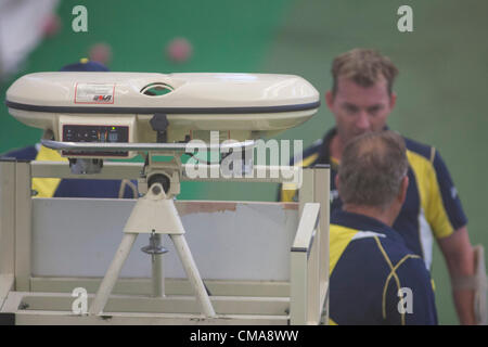 UK. 03/07/2012 Birmingham England. a bowling machine inside the indoor nets during the official training session prior to the one day international cricket match between England and Australia part of the Nat West Series, played at Edgbaston Cricket Ground: Mandatory credit: Mitchell Gunn Stock Photo