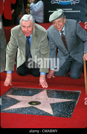 July 3, 2012 - North Carolina, U.S. - ANDY GRIFFITH (June 1, 1926 - July 3, 2012) American actor, director, producer, Grammy Award-winning Southern-gospel singer, and writer died at his home on Roanoke Island in Dare County, North Carolina at the age of 86. Best known as Sheriff Andy Taylor in the TV series 'The Andy Griffith Show' and Ben Matlock in 'Matlock' (1986-1995). PICTURED - Feb. 27, 2006 - ANDY GRIFFITH and DON KNOTTS at the Hollywood Walk Of Fame Star Ceremony. (Credit Image: © Tammie Arroyo/Globe Photos/ZUMAPRESS.com) Stock Photo