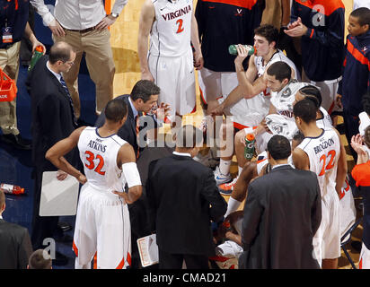 Jan. 31, 2012 - Charlottesville, Virginia, United States - The Virginia Cavaliers huddle during the game against the Clemson Tigers at the John Paul Jones Arena in Charlottesville, Virginia. Virginia defeated Clemson 65-61. (Credit Image: © Andrew Shurtleff/ZUMAPRESS.com) Stock Photo