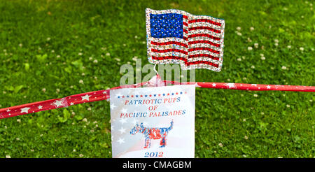 July 04, 2012 - Pacific Palisades, CA, USA - Signage on the route of the annual Pacific Palisades Americanism Parade.  Home to many familiar names from film and television, the wealthy suburb of Pacific Palisades maintains a small town feel on the outskirts of the megalopolis that is Los Angeles. Stock Photo