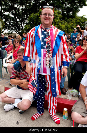 July 04, 2012 - Pacific Palisades, CA, USA -  Spectators watch the annual Pacific Palisades Americanism Parade.  Home to many familiar names from film and television, the wealthy suburb of Pacific Palisades maintains a small town feel on the outskirts of the megalopolis that is Los Angeles. Stock Photo