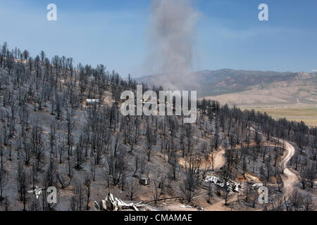 Wildfire and forest fire destroys 50,000 acres of mountain and cabin residental areas in central Utah. Wood Hollow fire. Stock Photo