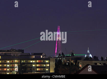 The Shard skyscraper in London, UK, the new tallest building in Western Europe, opened on July 5th 2012 with a spectacular laser show. This photo was taken from Kings Cross at 10.20pm Stock Photo