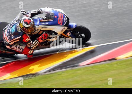 06.07.2012. Hohenstein-Ernstthal, Germany. Spanish MotoGP racer Jorge Lorenzo from team Yamaha Factory Racing practices for the GermanGrand Prix on the Sachsenring in Hohenstein-Ernstthal, Germany, 06 July 2012. Stock Photo