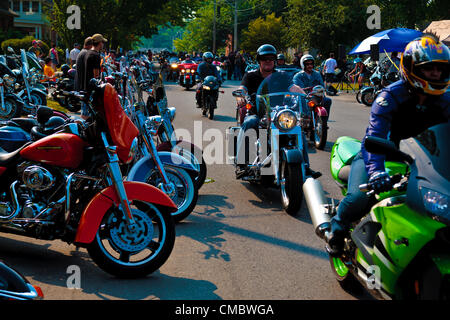 13. 07. 2012 Port Dover Ontario Canada, Friday the 13th motorcycle cruise. Thousands of motorcycle enthusiast ride to the Lake Erie Town of Port Dover, Tens of thousands of bikers and visitors will decent on the town of about 5000 year round residents along the north shore of Lake Erie for this traditional event. Stock Photo