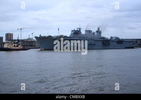 Friday 13th July 2012 Operation Olympics, HMS Ocean takes her place on the  River Thames in preparation for London 2012 Olympic Games security  operation Stock Photo - Alamy