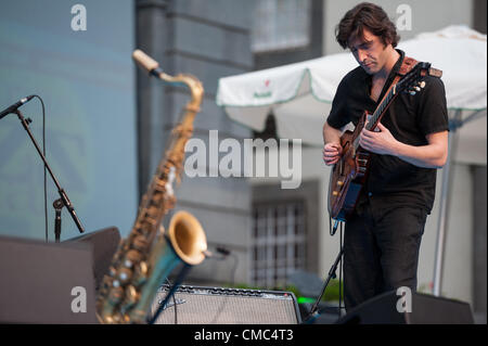 July 14, 2012 – Las Palmas, Canary Islands, Spain –  Guitarist Rui Silva, settled in Holland, onstage with the band Manao, during festival international canarias jazz & mas Heineken, in Plaza Santa Ana, Las Palmas, Canary Islands, on Saturday 14 July 2012. Stock Photo