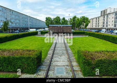 Drancy, France, Shoah Memorial in Suburbs, Camp Drancy, Holding Place, Where in WWII, Nazi Deportations of Jews and other Foreigners, 1941, to German Death Camps, took place, Memorial Train, discrimination, persecution of jews in europe, housing projects, low income neighborhood, history jews france, holocaust jews wwii Stock Photo