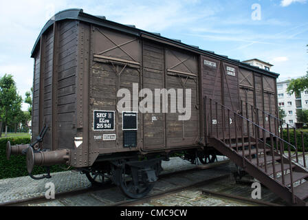 Drancy, France, Shoah Memorial in Suburbs, Camp Drancy, Holding Place, Where in WWII, Nazi Deportations of Jews and other Foreigners, 1941, to German Death Camps, took place, Memorial Box Car Train, history jews france, SNCF, holocaust jews wwii,, deportation trains Stock Photo