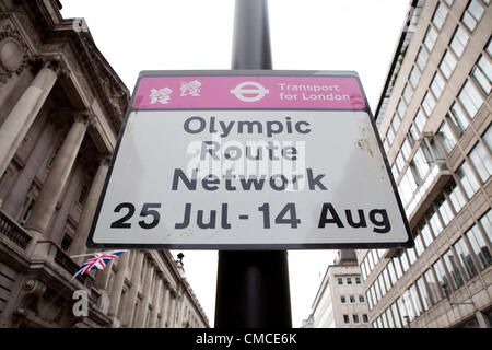 An Olympic Route Network sign in Westminster, central London.  London black cab drivers held a protest today for the right to use the Olympics games lanes which are part of the London 2012 Olympic Route Network (ORN).  The Newtwork will be in effect from the 25th July to the 14th of August 2012.  The sign pictured identifies the ORN to drivers.  London, UK - 17th July 2012.  Photo by Sam Barnes. Stock Photo