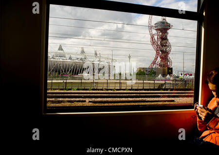 19th July 2012. Stratford London, UK.   The Olympic Stadium In Olympic park seen from the Docklands Light Railway nearly a week before the opening ceremony. Stock Photo