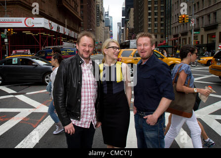 Australian actors Richard Roxburgh (R) and Cate Blanchett will star in the Sydney Theatre Companys' production of the  Chekhov play Uncle Vanya at the Lincoln Center in New York City. They are pictured July 19, 2012 at the  Meridien hotel with Cate Blanchetts' husband and co- artistic director of the company Andrew Upton. Stock Photo