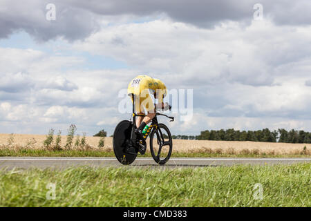 The winner of the 'Le Tour de France' 2012,the British Bradley Wiggins from Sky Procycling team wearing the Yellow Jersey during the 19th stage- a time trial  between Bonneval and Chartres on July 21 2012. Stock Photo