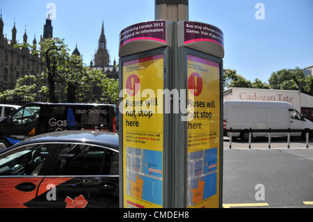 Westminster, London, UK. 24th July 2012. Bus stops are closed as Londons road system is disrupted by the London 2012 Olympics which starts in three days, and London is buzzing. Stock Photo