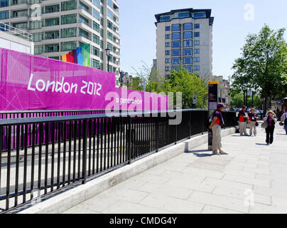 LONDON, UK, Monday July 23, 2012. London 2012 signs in front of the Hilton Hotel on Park Lane. The London 2012 Olympic Games will be officially opened on Friday July 27, 2012 at 9pm. Stock Photo