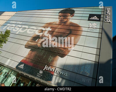 July 25, 2012 Cardiff, Wales, United Kingdom. John Lewis’s  Cardiff store celebrates British diving champion and Team GB Olympic athlete Tom Daley in it’s latest advertising campaign with a gigantic advert advertisement image on the side of the building .  John Lewis were chosen to be the official department store for the 2012 Olympics and are supported here by sponsor Adidas. KATHY DEWITT Stock Photo