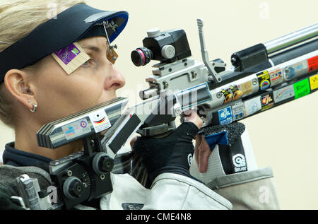 28.07.2012 London, England.  Beate Gauss of Germany competes in the womens 10 meter air rifle qualifying round during in The Royal Artillery Barracks at the London 2012 Olympic Games, London, Great Britain, 28. July 2012. Stock Photo