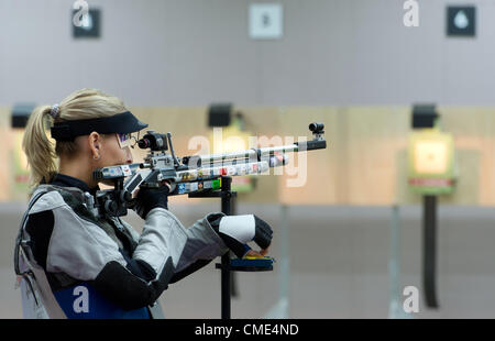 28.07.2012 London, England.  Beate Gauss of Germany competes in the women's 10 meter air rifle qualifying round during in The Royal Artillery Barracks at the London 2012 Olympic Games, London, Great Britain, 28. July 2012. Stock Photo