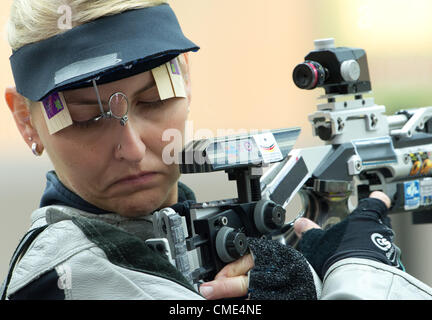 28.07.2012 London, England.  Beate Gauss of Germany competes in the womens 10 meter air rifle qualifying round during in The Royal Artillery Barracks at the London 2012 Olympic Games, London, Great Britain, 28. July 2012. Stock Photo