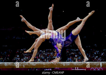 29 July 2012. Jordyn Wieber (USA) preforms on the balance beam during the women's team qualifying at the 2012 Olympic Summer Games, London, England Stock Photo