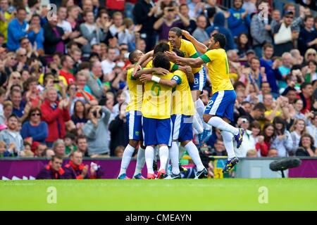 29.07.2012 Manchester, England. Brazil belebrate a goal during the first round group C match between Brazil and Belarus. 2012 Olympic Games mens football tournament. Stock Photo