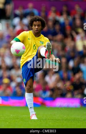 29.07.2012 Manchester, England. Brazil defender Marcelo in action during the first round group C match between Brazil and Belarus. 2012 Olympic Games mens football tournament. Stock Photo