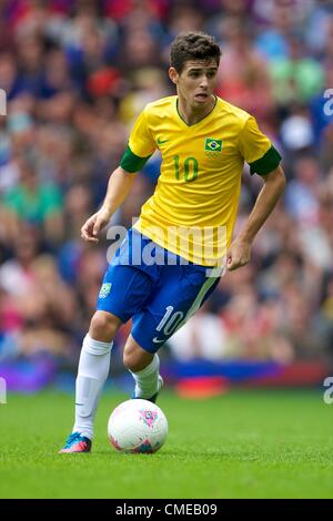29.07.2012 Manchester, England. Brazil midfielder Oscar in action during the first round group C match between Brazil and Belarus. 2012 Olympic Games mens football tournament. Stock Photo
