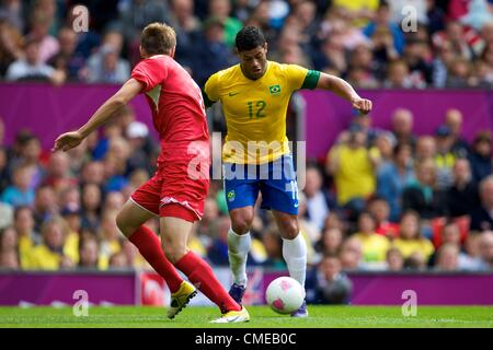 29.07.2012 Manchester, England. Brazil forward Hulk in action during the first round group C match between Brazil and Belarus. 2012 Olympic Games mens football tournament. Stock Photo